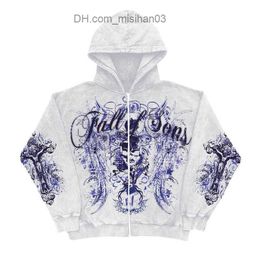 Men's Hoodies Sweatshirts Vintage Fashion Men's and Women's Sweatshirt 2022 New Letter Skull Cross Printed Zipper Hoodie Gothic Casual Loose Y2K Style Top Z230802