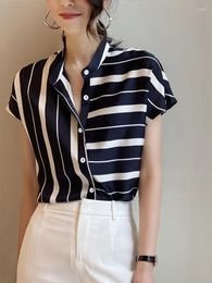 Women's Blouses Jmprs Striped Women Chiffon Shirts Summer Short Sleeve Office Ladies Shirt Korean Designed Irregular Female Tops