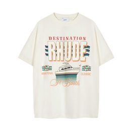 23 Summer American Top Mens Rhude Sunset Champion Resort Style Yacht Print Trendy Short Sleeve T-shirt