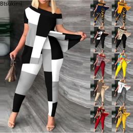 Women's Two Piece Pants 2023 Casual 2 Pant Sets Printed Skew Collar Slit Hem Long T Shirt Top And Tracksuit Female