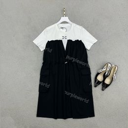 Womens Casual Dress Classic Black White Contrast Dress Fashion Drawstring Elastic Waist Summer Short Sleeved Clothing