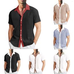 Men's Casual Shirts Seersucker Men Mens Colour Matching Lapel Button Half Sleeve Shirt T Short French