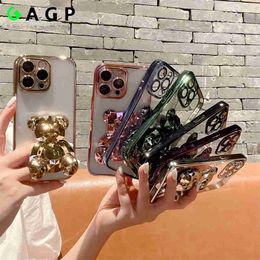 Cell Phone Cases Cute Bear Stand Bracket Case for iPhone 14 13 12 Pro Xs Max XR 8 7 Plus Luxury Plating for iphone 11 14 pro Max Cover L230731