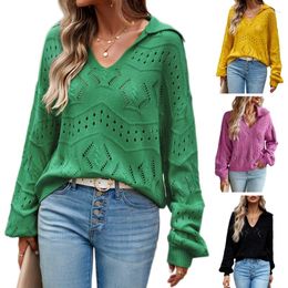 Women's Sweaters F42F Womens Long Sleeve V-Neck Lapel Sweater Solid Color Ribbed Knit Casual Loose Fit Pullover Jumpers