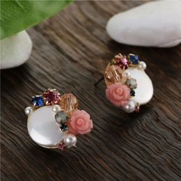 Stud Earrings TDQUEEN Trendy Round Shell Flower Crystal Bead Fashion Jewellery Ear For Women