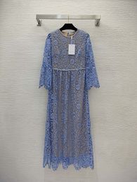 New SP Family Dress High end Customized Hollow Lace, Luxury Diamond Inlaid Waist, Slim Round Neck Long Sleeve Dress July