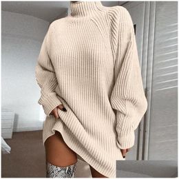 Basic Casual Dresses Autumn Solid Long Sleeve Elegant Mini Sweater Dress Plus Size Winter Clothes Women Turtleneck Oversized Knitted Dhz0C