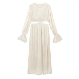 Casual Dresses Ladies Solid Color French Open Waist Bell Sleeve Pleated Dress Petite Maxi Traditional