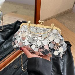 Evening Bags Silver Sequin Clutch Bag For Women Luxury Metal Handle Handbag Female Clip Purse Designer Chain Shoulder Crossbody