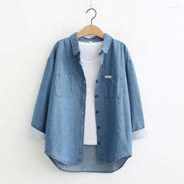 Women's Blouses Button Down Denim Shirt Casual Long Sleeve Pocket Tops Washed Cotton Boyfriend Blouse