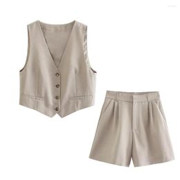 Women's Tracksuits 2023 Spring Leisure Fashion Unique V-neck Sleeveless Single Breasted Slim Fit Solid Colour Top Linen Blend Shorts