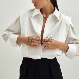 Women's Blouses Shirts Vertical Angle Shoulder Women's Blouse 2022 Spring Ladies Work Wear Long Sleeve Cotton White Shirt Tops J230802