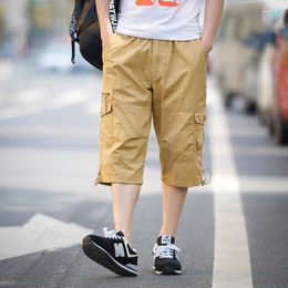 Men's Pants 2023 Summer Short Cargo Cotton Calf-Length Trousers Elastic Belt Multi-pocket Trip Outdoor Casual Bottom Khaki