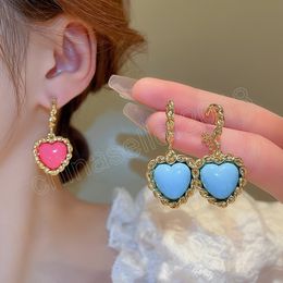 Korean Pink Blue Resin Heart Pendant Earrings For Women Daily Jewelry Sweet Love Earings Brincos Gifts