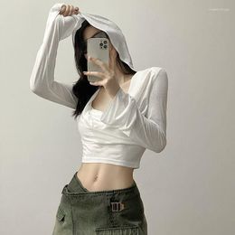 Women's T Shirts Sexy Girl White Swing V-neck Hooded Long-sleeve T-shirt Thin Korean Style Female Show Crop Summer Spring Fashion Smock