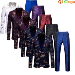 Men's Suits Gold Printed White Suit 2 Pieces ( Jacket Trousers) Wedding Business Terno Masculino Blue Purple Men Slim Costume Homme