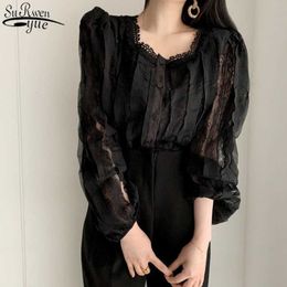 Women's Blouses Shirts Spring New Korean Retro Sweet Long Sleeve Lace Shirts See Through Square Collar Women's Blouse Cotton Shirts with Buttons 13340 J230802