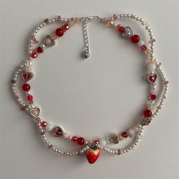 Pendant Necklaces strawberry necklace Pearls Beaded Y2K Necklace Choker Beautiful Glass adjustable 230801