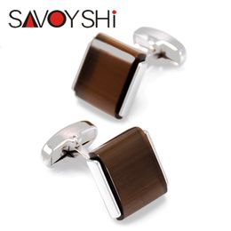 Cuff Links SAVOYSHI Shirt Cufflinks for Mens High Quality square brown Stone Brand Jewellery Special Gift Free Engraving Name 230801