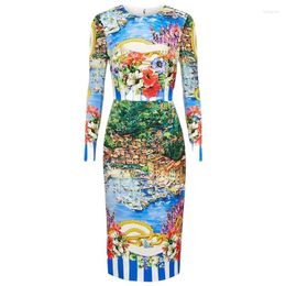 Casual Dresses Spring Summer Silk O-Neck Long Sleeve Flowers Print Vintage Party Package Buttocks For Women 2023 Runway