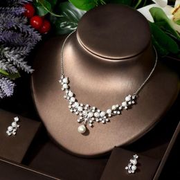 Necklace Earrings Set HIBRIDE Pearl Costume Women Fashion White CZ Pendant Luxury Bridal Wedding Jewelry N-1261