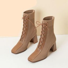 Boots Miaoguan 2023 Autumn Winter Fashion Stitching Knitted Elastic Stockings High-heeled Short Women's Square Toe 39