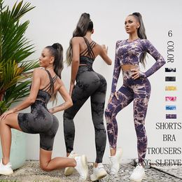 Yoga Outfit Seamless TieDyed Sets Sports Fitness High Waist Hip Raise Pants Cutout Bra Suit Workout Clothes Gym Leggings Set for Women 230801