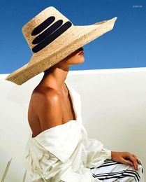 Wide Brim Hats Fashion Black Dome Rolled Edge With Large Straw Hat Summer Outdoor Shade Catwalk Beach
