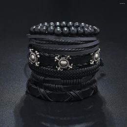 Charm Bracelets Vintage Leather Bracelet Men Multi Layer Woven PU Sun Flower Cross Decoration Pull Rope