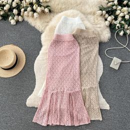 Skirts Women Solid Hook Flower Hollow High Waist Split Knit Full Skirt Party Fashion Vintage Hip Wrap Trumpet Summer Clothing