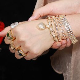 Link Bracelets QooLady Exquisite Punk Boho Style Heart Chain CZ Gold Colour Wrist Cuff Women Fashion 2023 Jewellery Gift S011