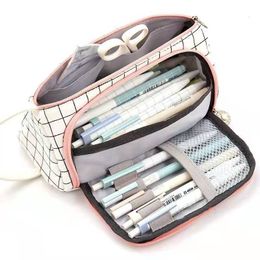 Pencil Bags Stationary Pen Storage Bag Multi Layer Large Capacity Cosmetic Travel Simple Plaid Case 230802