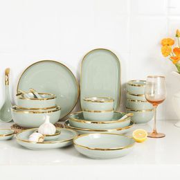 Dinnerware Sets Milk Green Porcelain Set Electroplated Gold Rim Ceramic Tableware Easy Washed Bowl Plate Spoon Gift Box