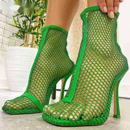 Sandals 2023 New Design Green Black Square Toe Mesh Stretch Fabric Sock Boots Fashion Sexy High Heels Shoes 220232