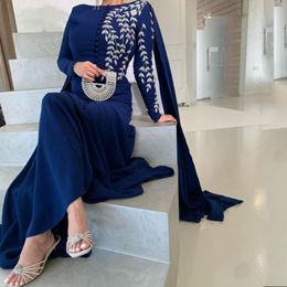 Elegant Blue Beaded Evening Dresses with Cape Jewel Neck Long Sleeve Arabic Dubai Formal Gown Front Button Muslim Evening Wear