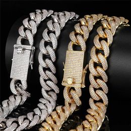 Hip Hop 18MM Three Rows Full Diamond Cuban Necklace Gold Silver Plated Micro Paved Zircon Necklace for Men Women