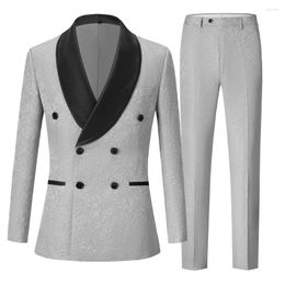 Men's Suits Double Breasted Men Sliver Grey Print Groom Tuxedos Shawl Lapel Groomsmen 2 Pieces Set ( Jacket Pants Bow Tie) D450