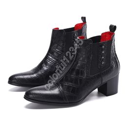 Winter Men Western Cowboy Boots Fashion Chains Man High Heel Short Boots Real Leather Party Motorcycle Ankle Boot