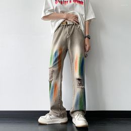 Men's Jeans Y2k Mens Korean Casual Streetwear Harajuku Vintage Graffiti Wide Leg Baggy Straight Denim Pants Men Distressed Clothes
