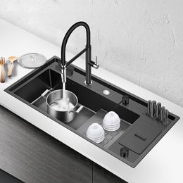 Nanometer Kitchen Step Sink Handmade Sink 4mm Thickness Large Size Single Kitchen Sinks With Knife Holder And Trash Can