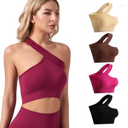 Yoga Outfit Oversized Women's Shockproof Outwear Fitness Tank Top Oblique Shoulder Hanging Neck Seamless Sports Bra