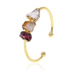 Raw Citrine Stone Bracelet for Women Irregular Amethyst Crystal Cluster Handmade Open Cuff Bangle Jewelry with Gold Trim