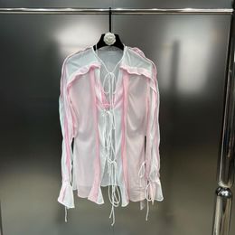 Women's Blouses PREPOMP 2023 Summer Arrival Long Sleeve Pink Contrast Color Multi Lace-up Bandage V Neck Slim Chiffon Shirt Women 703
