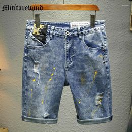 Men's Jeans Splash Ink Distressed Wash Knee Length For Men Casual Ruched Pants Youth Y2k Style Male Clothing Hip Hop Streetwear Vibe