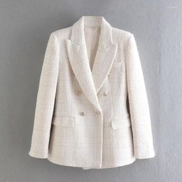 Women's Suits 2023 Tops Coats Women Solid Tweed Double Breasted Blazer Coat Long Sleeve Pockets Outerwear Female Spring Jackets White