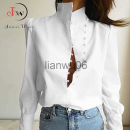 Women's Blouses Shirts Women Turtleneck Blouse Elegant Long Sleeve White Shirt Office Ladies Tops Casual Solid SingleBreasted Puff Sleeve Blusas J230802