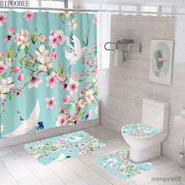 Carpets White Crane Flowers Printed Shower Curtain for Bathroom Decoration Lavender Rose Bath Mat Toilet Lid Cover Non Slip Carpet R230802