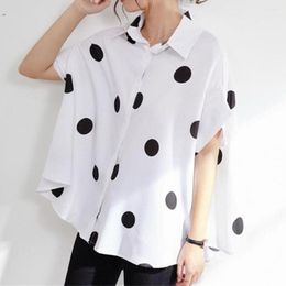 Women's Blouses 2023 Summer Women Black Polka Dot Print Plus Size Blouse Chiffon Lapel Dolman Short Sleeves Loose Casual Shirt Tops