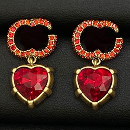 Retro Sparkling Dangle Earrings Heart Ruby Diamonds Gold Set Luxury Gorgeous Eardrops Ladies Vintage Party Jewellery