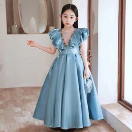 diamond Flower Girls Dresses Jewel Neck Sheer Long sequined Applique Big Bow Birthday Dresses Girls Pageant Gowns With Button Back blue shiny bling homecoming dress